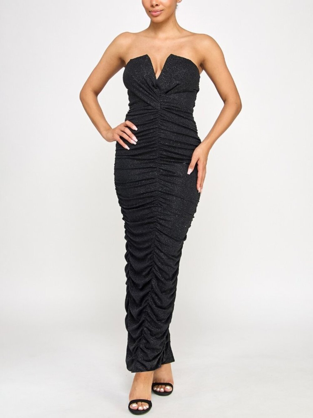 Seni & Cade Ruched Strapless Metallic-Knit Gown – Black – Size Medium NWT